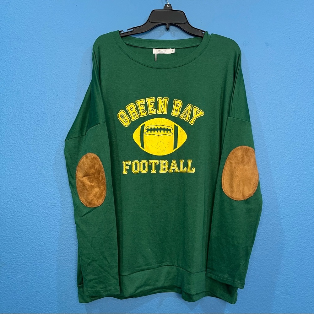 Haute Edition Green Bay Football Long Sleeved Women's Top Elbow Patches New 2X